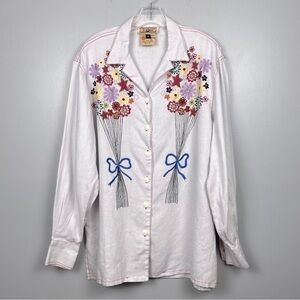 Vintage Gene Ewing BIS 100% linen embroidered button front shirt jacket, medium.
